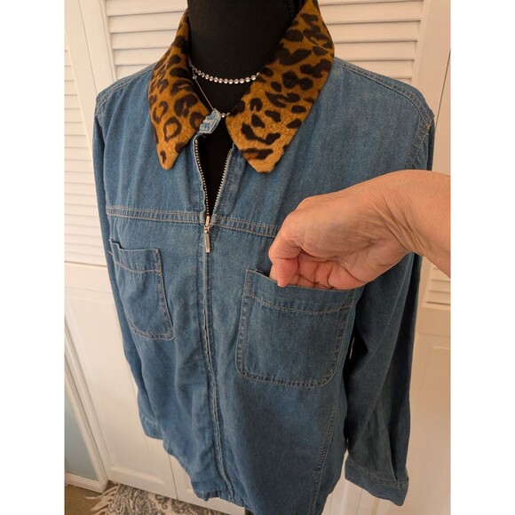 Gloria Vanderbilt Jacket Womens L Denim Medium Wash Cheetah Print Collar Zipper - Picture 5 of 13